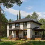 Проект дома «Г-175В» из СИП-панелей, 175 м² — двухэтажный дом с белым фасадом, тёмной крышей и террасой | HotWell.KZ