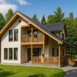 Проект дома «Г-181» из СИП-панелей, 181 м² — двухэтажный дом с бежевым фасадом, черной крышей и балконом | HotWell.KZ