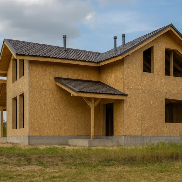 Дом «Г-182», 182 м², 1.5 этажа, в черновой отделке: коробка из СИП-панелей OSB-3, двускатная кровля из металлочерепицы, проёмы без окон и дверей, в проёмах видны сосновые балки перекрытия