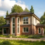 Проект дома «Г-191» из СИП-панелей, 191 м² — двухэтажный дом с бежевым фасадом, коричневой крышей и панорамными окнами | HotWell.KZ