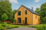 Проект дома «Г-195» из СИП-панелей, 195 м² — двухэтажный дом с деревянным фасадом, черной крышей и террасой | HotWell.KZ