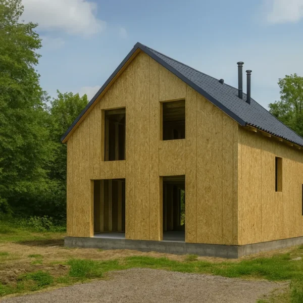 Дом «Г-195», 195 м², 1.5 этажа, в черновой отделке: коробка из СИП-панелей OSB-3, двускатная кровля из металлочерепицы, проёмы без окон и дверей, в проёмах видны сосновые балки перекрытия