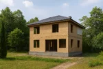 Дом «Г-199», 199 м², 2 этажа, в черновой отделке: коробка из СИП-панелей OSB-3, вальмовая кровля из металлочерепицы, проёмы без окон и дверей, в проёмах видны сосновые балки перекрытия