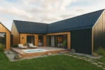 Проект дома «Г-218» из СИП-панелей, 218 м² — одноэтажный дом с деревянным фасадом, черной крышей и террасой | HotWell.KZ
