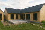 Дом «Г-218», 218 м², 1 этаж, в черновой отделке: коробка из СИП-панелей OSB-3, двускатная кровля из металлочерепицы, проёмы без окон и дверей