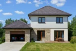 Проект дома «Г-240» из СИП-панелей, 240 м² — двухэтажный дом с каменным фасадом, коричневой крышей и гаражом | HotWell.KZ