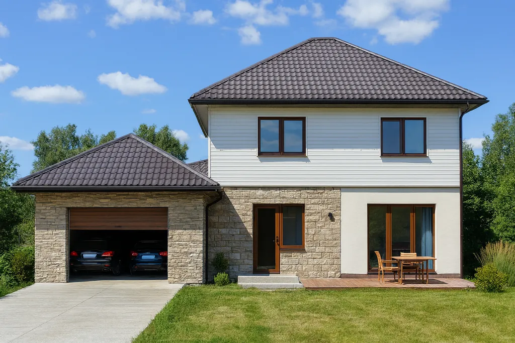 Проект дома «Г-240» из СИП-панелей, 240 м² — двухэтажный дом с каменным фасадом, коричневой крышей и гаражом | HotWell.KZ