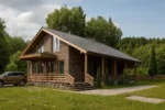 Проект дома «Г-250» из СИП-панелей, 250 м² — двухэтажный дом с коричневым фасадом, серой крышей и террасой | HotWell.KZ