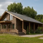 Проект дома «Г-250» из СИП-панелей, 250 м² — двухэтажный дом с коричневым фасадом, серой крышей и террасой | HotWell.KZ