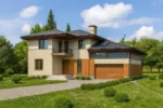 Проект дома «Г-357» из СИП-панелей, 357 м² — двухэтажный дом с бежевым фасадом, серой крышей и гаражом | HotWell.KZ