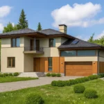 Проект дома «Г-357» из СИП-панелей, 357 м² — двухэтажный дом с бежевым фасадом, серой крышей и гаражом | HotWell.KZ