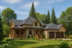 Проект дома «Г-437» из СИП-панелей, 437 м² — двухэтажный дом с каменным фасадом, черной крышей и террасой | HotWell.KZ