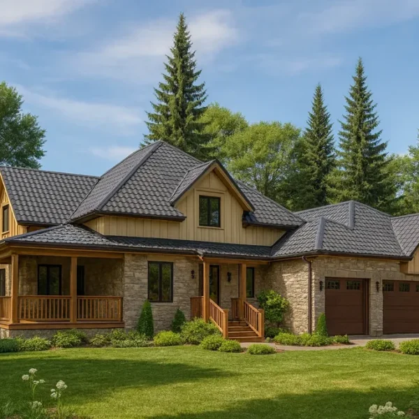 Проект дома «Г-437» из СИП-панелей, 437 м² — двухэтажный дом с каменным фасадом, черной крышей и террасой | HotWell.KZ
