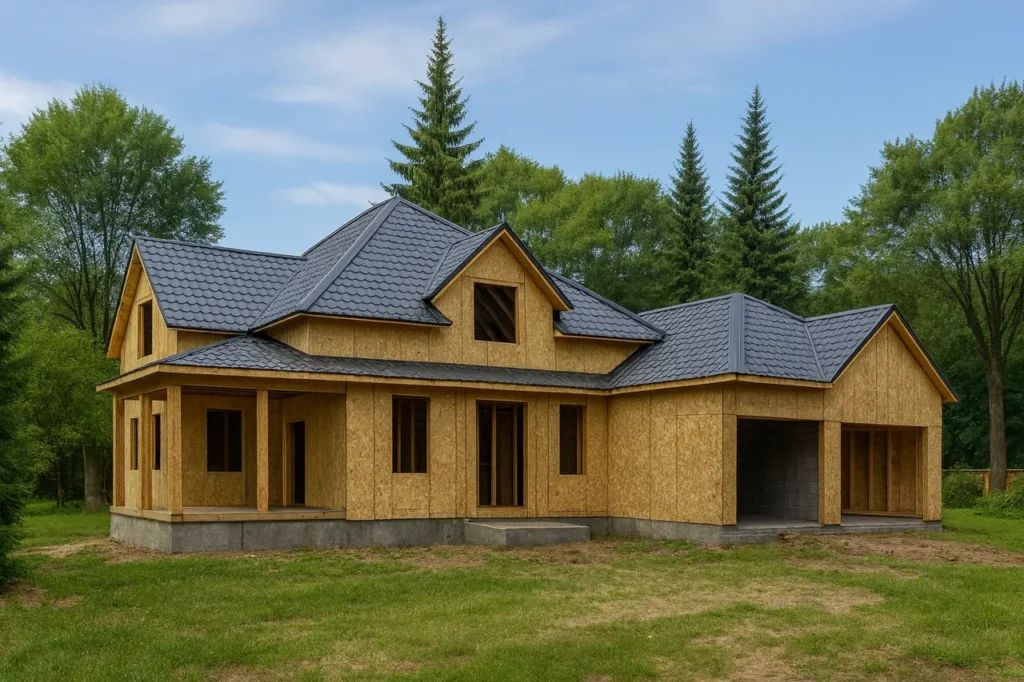 Дом «Г-437», 437 м², 2 этажа, в черновой отделке: коробка из СИП-панелей OSB-3, вальмовая кровля из металлочерепицы, проёмы без окон и дверей, в проёмах видны сосновые балки перекрытия