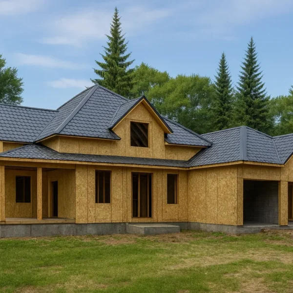 Дом «Г-437», 437 м², 2 этажа, в черновой отделке: коробка из СИП-панелей OSB-3, вальмовая кровля из металлочерепицы, проёмы без окон и дверей, в проёмах видны сосновые балки перекрытия