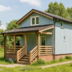 Проект дома «Г-47» из СИП-панелей, 47 м² — двухэтажный дом с голубым фасадом, коричневой крышей и крытым крыльцом | HotWell.KZ