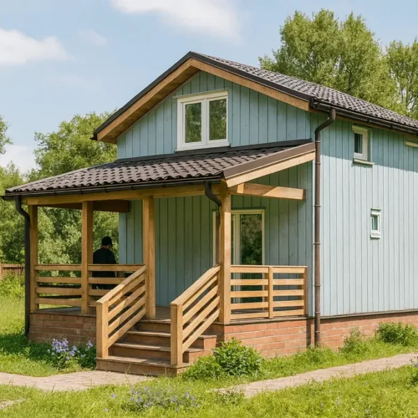 Проект дома «Г-47» из СИП-панелей, 47 м² — двухэтажный дом с голубым фасадом, коричневой крышей и крытым крыльцом | HotWell.KZ