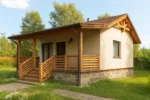 Проект дома «Г-52» из СИП-панелей, 52 м² — одноэтажный дом с бежевым фасадом, коричневой крышей и крытым крыльцом | HotWell.KZ