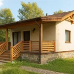 Проект дома «Г-52» из СИП-панелей, 52 м² — одноэтажный дом с бежевым фасадом, коричневой крышей и крытым крыльцом | HotWell.KZ