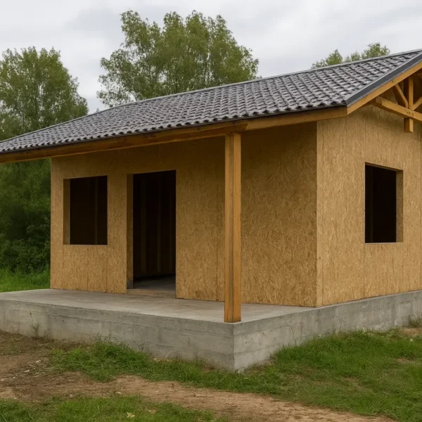Дом «Г-52», 52 м², 1 этаж, в черновой отделке: коробка из СИП-панелей OSB-3, двускатная кровля из металлочерепицы, проёмы без окон и дверей