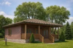 Проект дома «Г-64» из СИП-панелей, 64 м² — одноэтажный дом с коричневым фасадом, черепичной крышей и крыльцом | HotWell.KZ