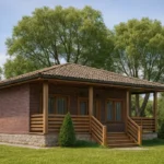 Проект дома «Г-64» из СИП-панелей, 64 м² — одноэтажный дом с коричневым фасадом, черепичной крышей и крыльцом | HotWell.KZ