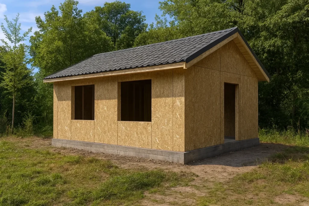 Дом «Г-71», 71 м², 1 этаж, в черновой отделке: коробка из СИП-панелей OSB-3, двускатная кровля из металлочерепицы, проёмы без окон и дверей
