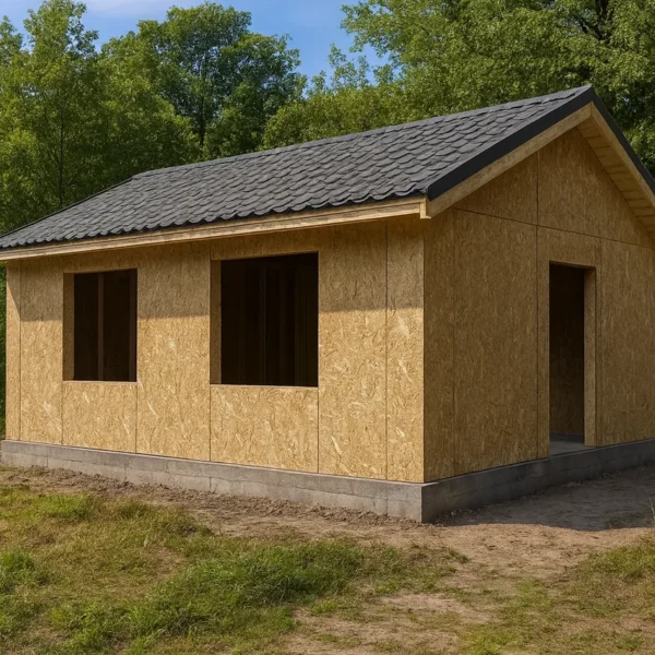 Дом «Г-71», 71 м², 1 этаж, в черновой отделке: коробка из СИП-панелей OSB-3, двускатная кровля из металлочерепицы, проёмы без окон и дверей