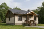 Проект дома «Г-81» из СИП-панелей, 81 м² — одноэтажный дом с бежевым фасадом, серой крышей и крытым крыльцом | HotWell.KZ