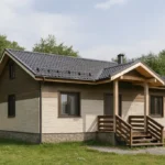 Проект дома «Г-81» из СИП-панелей, 81 м² — одноэтажный дом с бежевым фасадом, серой крышей и крытым крыльцом | HotWell.KZ
