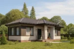 Проект дома «Г-83Б» из СИП-панелей, 83 м² — одноэтажный дом с бежевым фасадом, коричневой крышей и крыльцом | HotWell.KZ