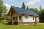 Проект дома «Г-83В» из СИП-панелей, 83 м² — одноэтажный дом с белым фасадом, синей крышей и крытой террасой | HotWell.KZ