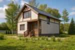 Проект дома «Х-150» из СИП-панелей, 150 м² — двухэтажный дом с бежевым фасадом, серой крышей и крыльцом | HotWell.KZ
