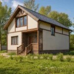 Проект дома «Х-150» из СИП-панелей, 150 м² — двухэтажный дом с бежевым фасадом, серой крышей и крыльцом | HotWell.KZ