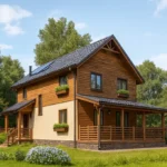 Проект дома «Х-150Б» из СИП-панелей, 150 м² — двухэтажный дом с деревянным фасадом, черной крышей и террасой | HotWell.KZ