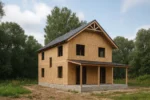Дом «Х-150Б», 150 м², 2 этажа, в черновой отделке: коробка из СИП-панелей OSB-3, двускатная кровля из металлочерепицы, проёмы без окон и дверей, в проёмах видны сосновые балки перекрытия
