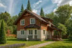 Проект дома «Х-151» из СИП-панелей, 151 м² — двухэтажный дом с коричневым фасадом, коричневой крышей и террасой | HotWell.KZ