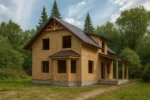 Дом «Х-151», 151 м², 1.5 этажа, в черновой отделке: коробка из СИП-панелей OSB-3, двускатная кровля из металлочерепицы, проёмы без окон и дверей, в проёмах видны сосновые балки перекрытия