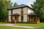 Проект дома «Х-168» из СИП-панелей, 168 м² — двухэтажный дом с бежевым фасадом, черной крышей и террасой | HotWell.KZ