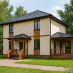 Проект дома «Х-168» из СИП-панелей, 168 м² — двухэтажный дом с бежевым фасадом, черной крышей и террасой | HotWell.KZ