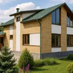 Проект дома «Х-180» из СИП-панелей, 180 м² — двухэтажный дом с жёлтым фасадом, зелёной крышей и террасой | HotWell.KZ