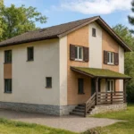 Проект дома «Х-183» из СИП-панелей, 183 м² — двухэтажный дом с бежевым фасадом, коричневой крышей и крытым крыльцом | HotWell.KZ
