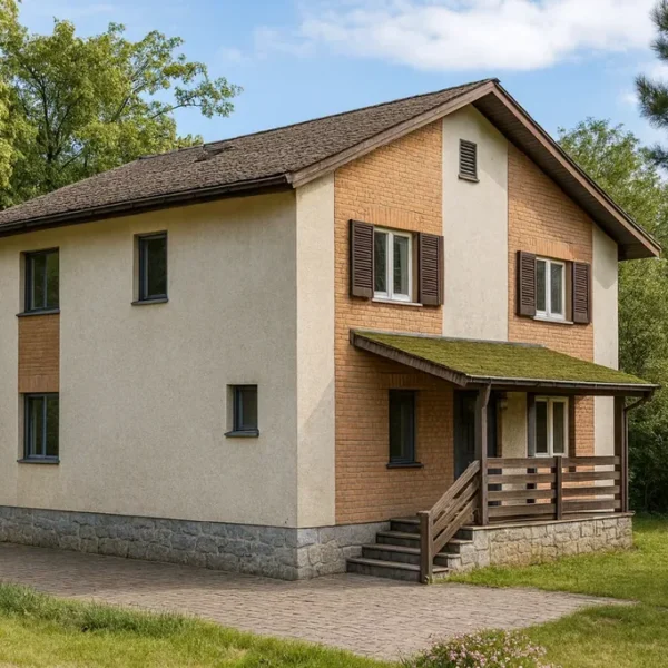 Проект дома «Х-183» из СИП-панелей, 183 м² — двухэтажный дом с бежевым фасадом, коричневой крышей и крытым крыльцом | HotWell.KZ