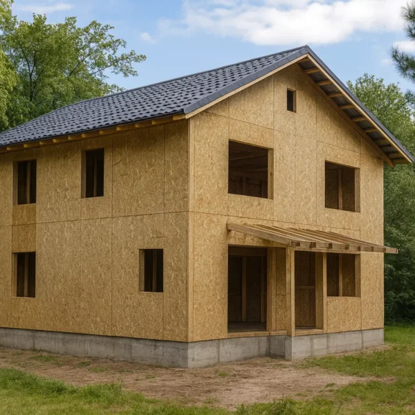 Дом «Х-183», 183 м², 2 этажа, в черновой отделке: коробка из СИП-панелей OSB-3, двускатная кровля из металлочерепицы, проёмы без окон и дверей, в проёмах видны сосновые балки перекрытия