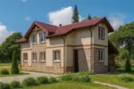 Проект дома «Х-221» из СИП-панелей, 221 м² — двухэтажный дом с бежевым фасадом, красной крышей и крыльцом | HotWell.KZ