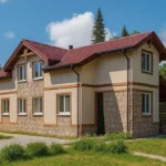 Проект дома «Х-221» из СИП-панелей, 221 м² — двухэтажный дом с бежевым фасадом, красной крышей и крыльцом | HotWell.KZ