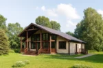 Проект дома «Х-453» из СИП-панелей, 453 м² — одноэтажный дом с бежевым фасадом, коричневой крышей и террасой | HotWell.KZ