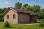 Проект дома «Х-75Б» из СИП-панелей, 75 м² — одноэтажный дом с коричневым фасадом, темной крышей и крытым крыльцом | HotWell.KZ