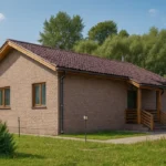 Проект дома «Х-75Б» из СИП-панелей, 75 м² — одноэтажный дом с коричневым фасадом, темной крышей и крытым крыльцом | HotWell.KZ