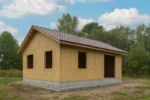 Дом «Х-75Б», 75 м², 1 этаж, в черновой отделке: коробка из СИП-панелей OSB-3, двускатная кровля из металлочерепицы, проёмы без окон и дверей